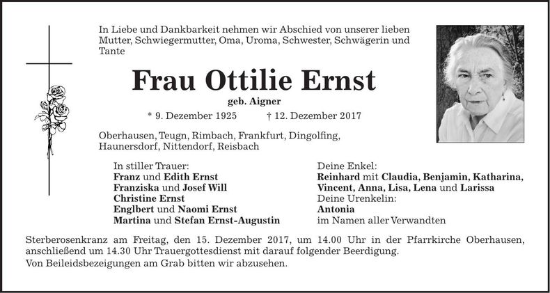 Traueranzeige Ottilie Ernst