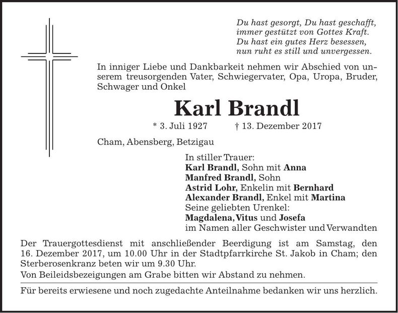 Traueranzeige Karl Brandl