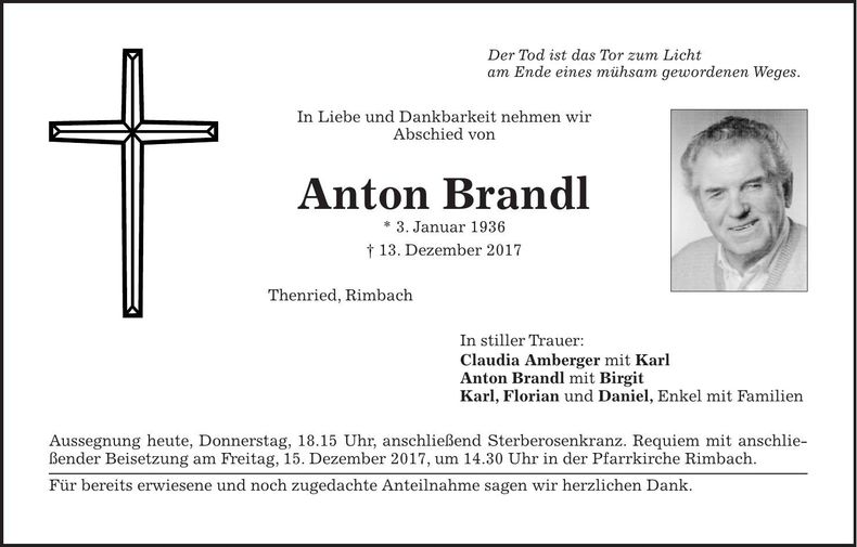 Traueranzeige Anton Brandl