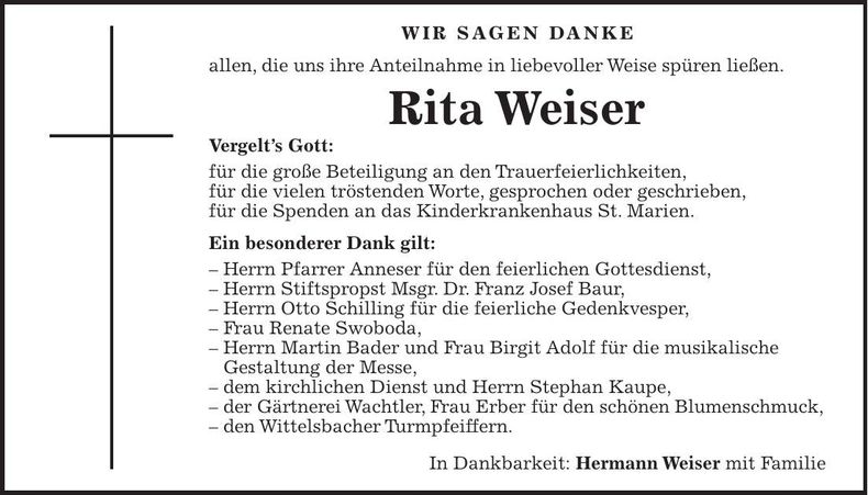 Traueranzeige Rita Weiser