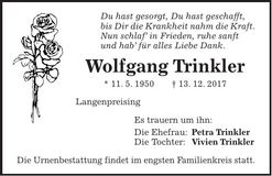 Traueranzeige Wolfgang Trinkler
