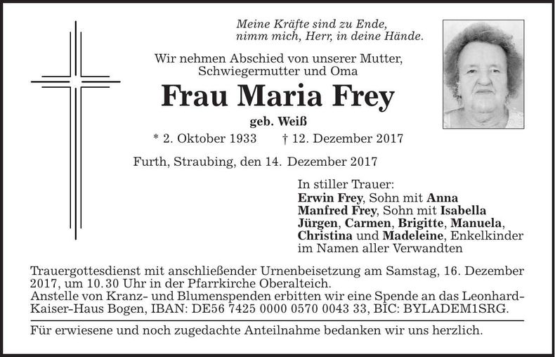 Traueranzeige Maria Frey