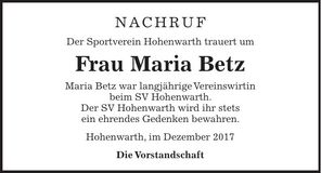 Traueranzeige Maria Betz