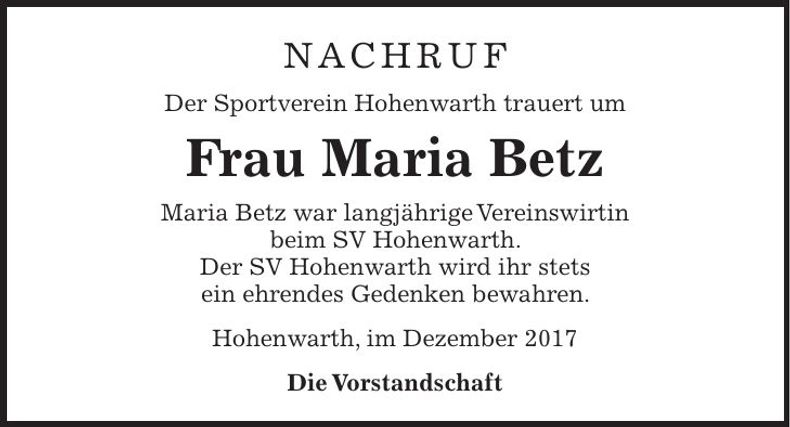 Traueranzeige Maria Betz