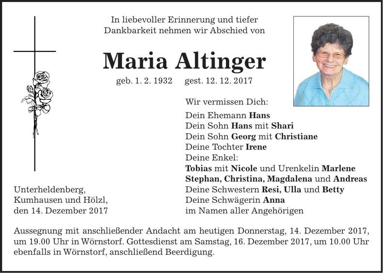 Traueranzeige Maria Altinger