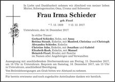 Traueranzeige Irma Schieder