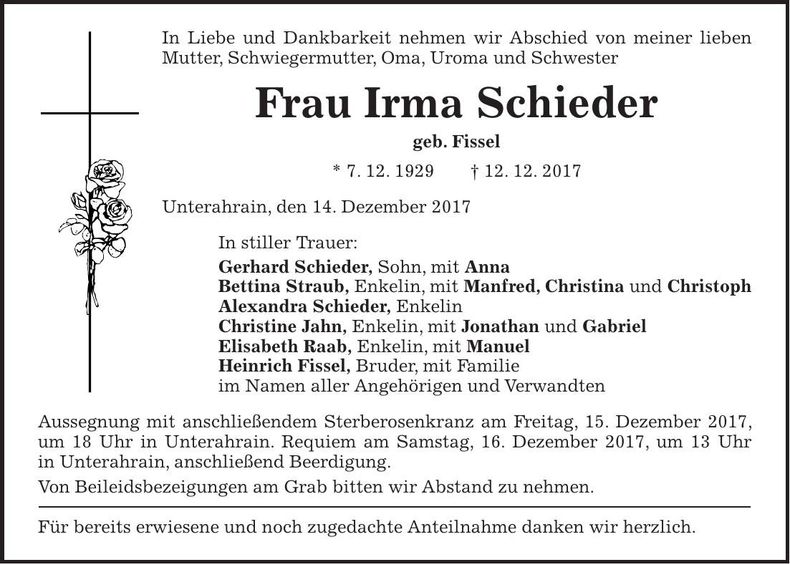 Traueranzeige Irma Schieder