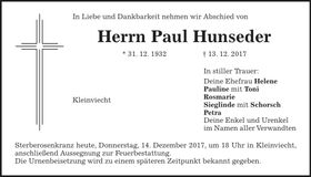 Traueranzeige Paul Hunseder