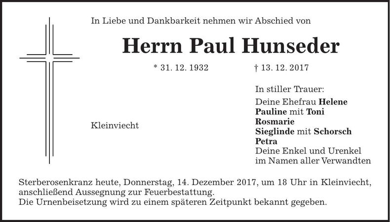Traueranzeige Paul Hunseder