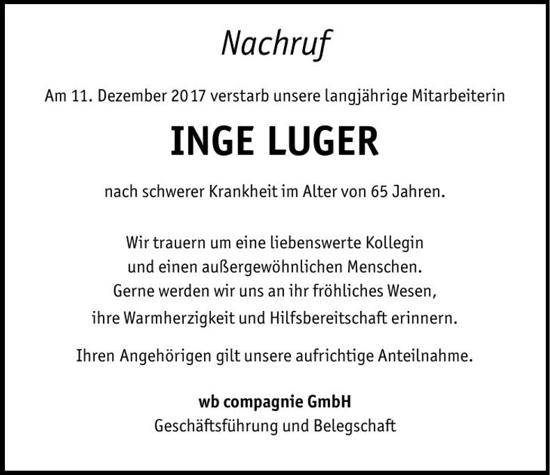 Traueranzeige Inge Luger