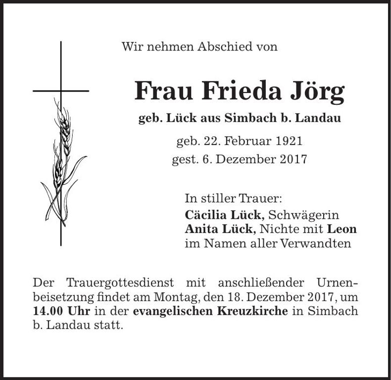 Traueranzeige Frieda Jörg