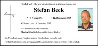 Traueranzeige Stefan Beck