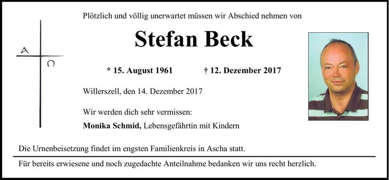Traueranzeige Stefan Beck