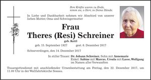 Traueranzeige Theres (Resi) Schreiner