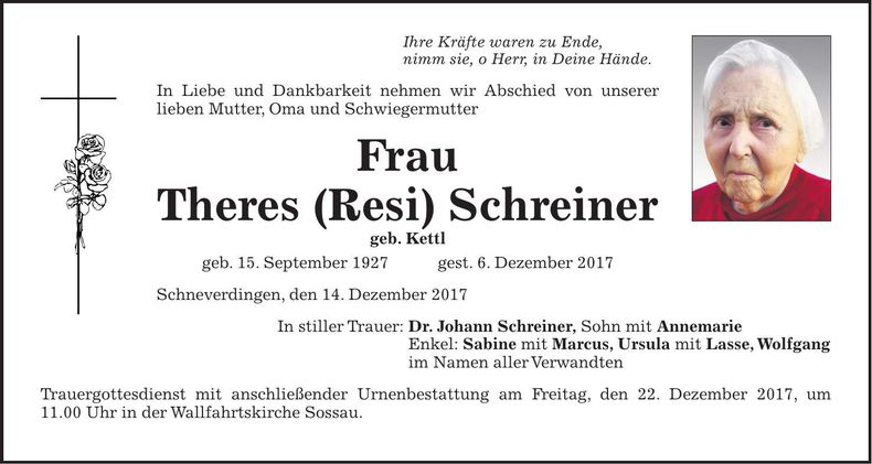 Traueranzeige Theres (Resi) Schreiner