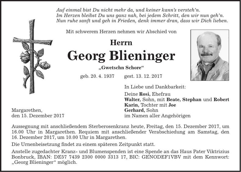 Traueranzeige Georg Blieninger