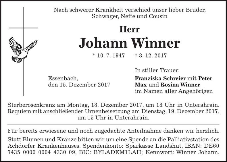 Traueranzeige Johann Winner