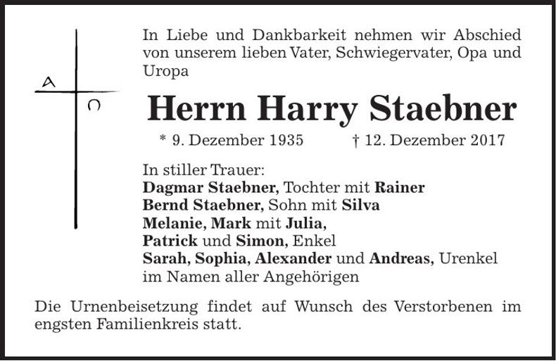 Traueranzeige Harry Staebner