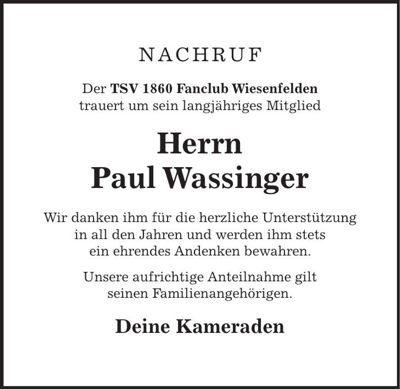 Traueranzeige Paul Wassinger