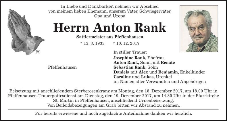 Traueranzeige Anton Rank