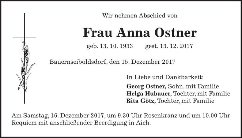 Traueranzeige Anna Ostner