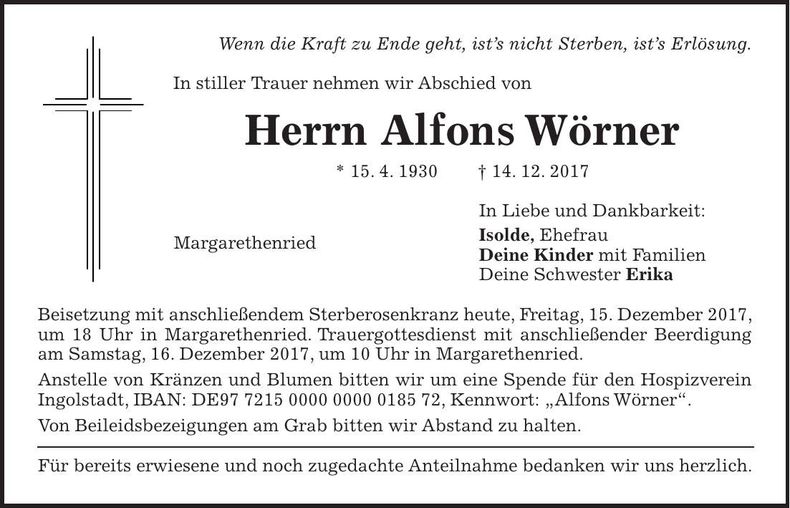 Traueranzeige Alfons Wörner