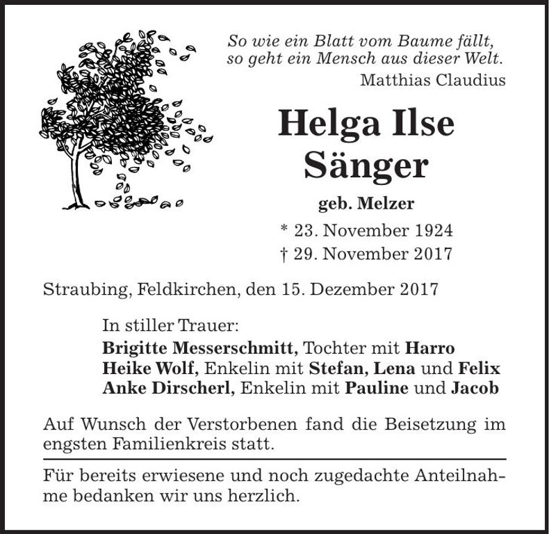 Traueranzeige Helga Ilse Sänger
