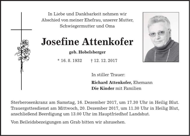 Traueranzeige Josefine Attenkofer