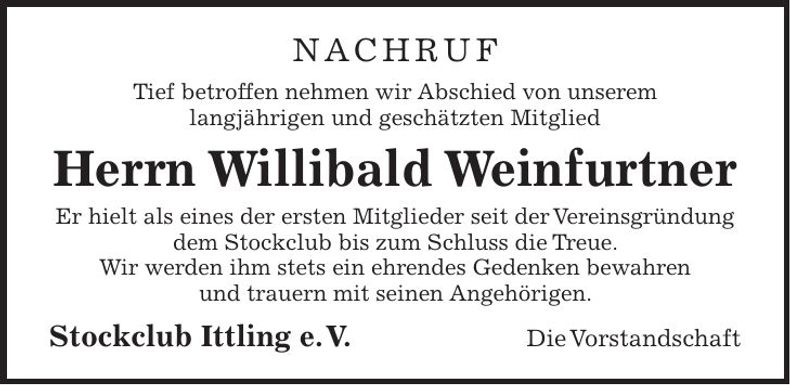 Traueranzeige Willibald Weinfurtner