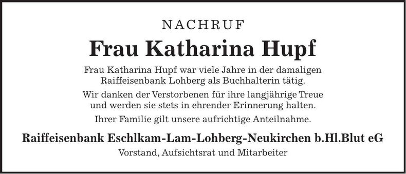 Traueranzeige Katharina Hupf