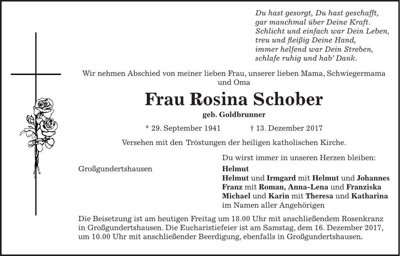 Traueranzeige Rosina Schober