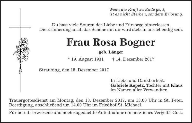 Traueranzeige Rosa Bogner