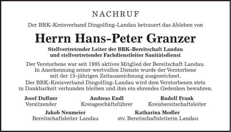 Traueranzeige Hans-Peter Granzer