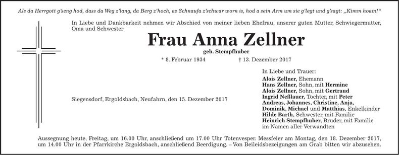 Traueranzeige Anna Zellner