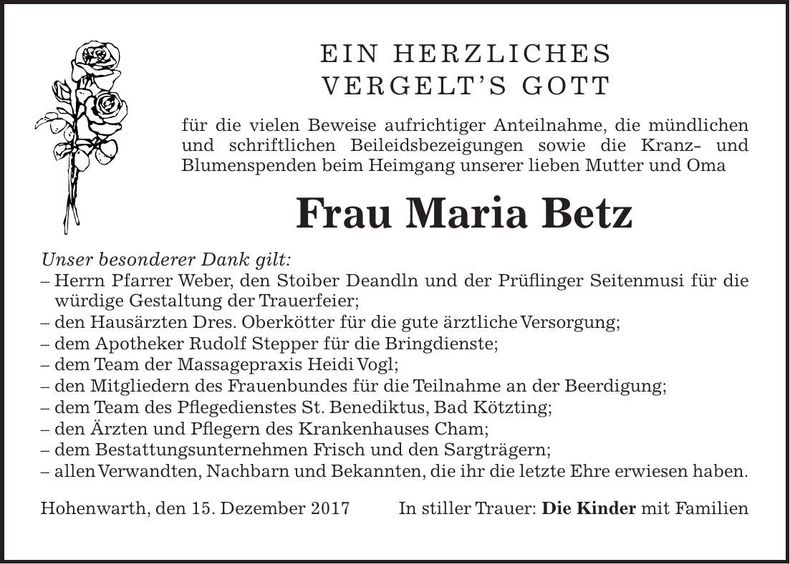 Traueranzeige Maria Betz
