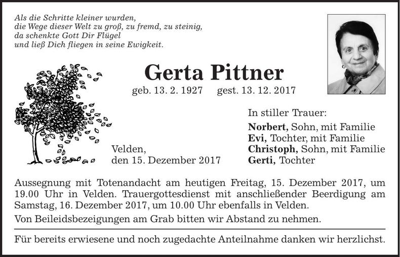 Traueranzeige Gerta Pittner