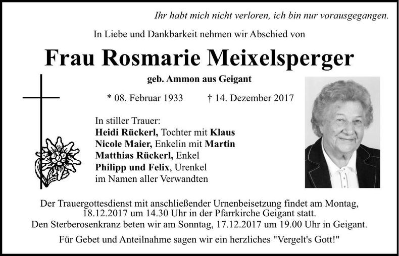 Traueranzeige Rosmarie Meixelsperger