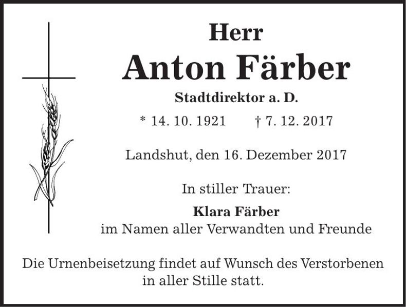 Traueranzeige Anton Färber