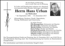 Traueranzeige Hans Urban