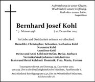 Traueranzeige Bernhard Josef Kohl