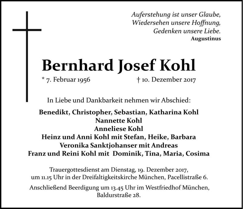 Traueranzeige Bernhard Josef Kohl