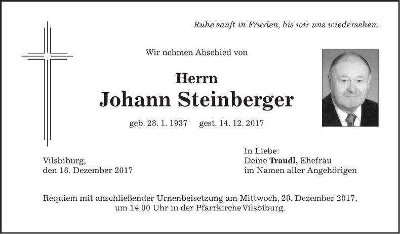 Traueranzeige Johann Steinberger