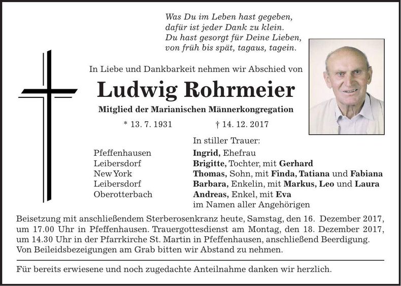 Traueranzeige Ludwig Rohrmeier
