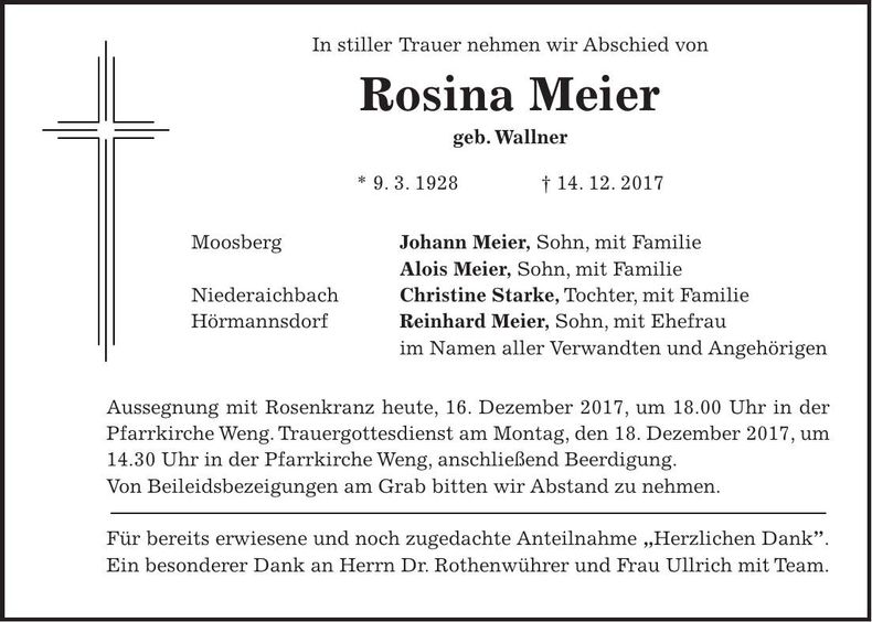 Traueranzeige Rosina Meier