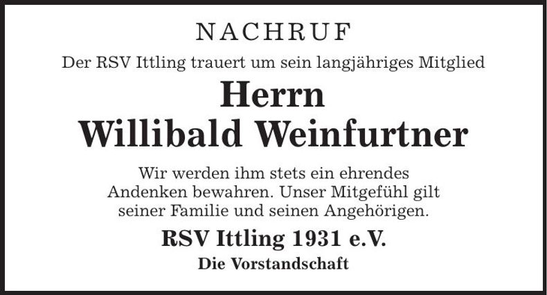 Traueranzeige Willibald Weinfurtner