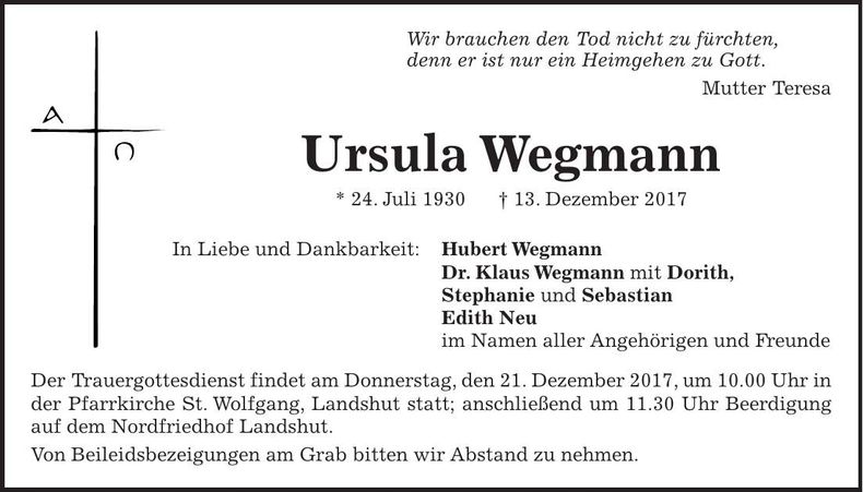 Traueranzeige Ursula Wegmann