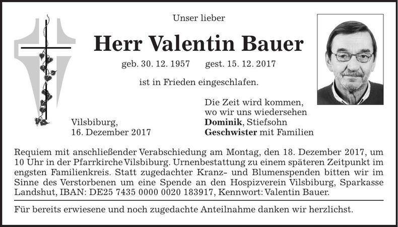 Traueranzeige Valentin Bauer