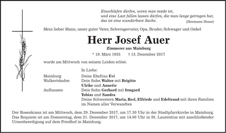 Traueranzeige Josef Auer