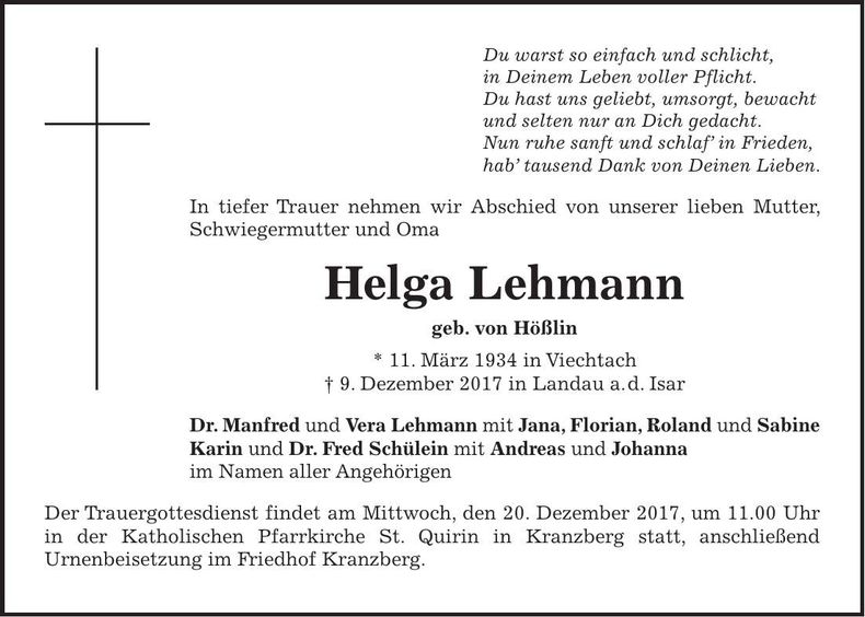 Traueranzeige Helga Lehmann