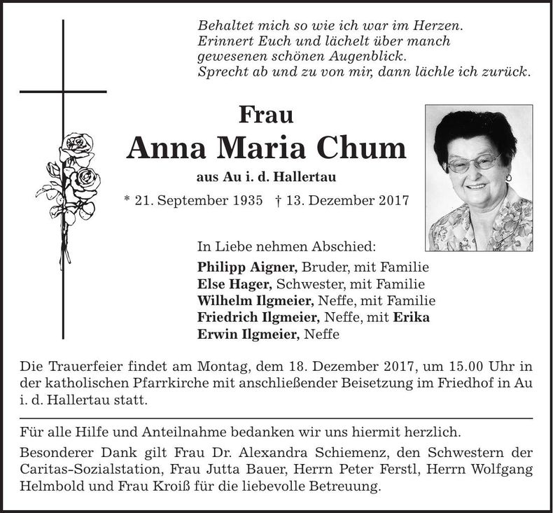 Traueranzeige Anna Maria Chum